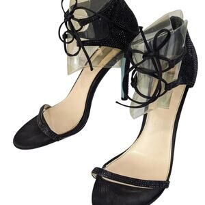 BETSEY JOHNSON! DAZZLING BLACK FACETED JEWEL, BLACK SATIN HEELS! SZ 8.5M